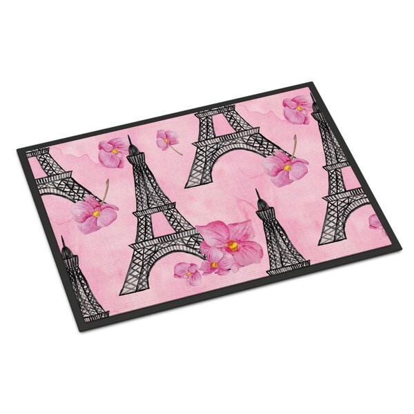 Jensendistributionservices Watercolor Pink Flowers & Eiffel Tower Indoor or Outdoor Mat, 18 x 27 in. MI2550909 - main